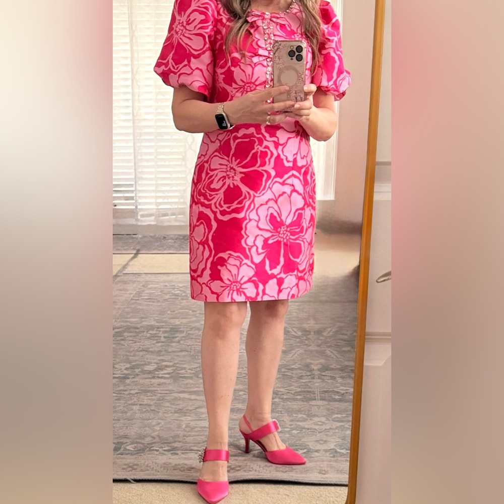 Lilly Pulitzer Hot Pink Floral Puff-Sleeve Mini Dress Reserve collection 6 - Picture 7 of 8